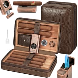 Cigar Humidor, Leather Cedar Wood Cigar Case with Cigar Lighter, V Cut Cigar Cutter,Cigar Holder 3 in 1 Travel Cigar Humidor Box
