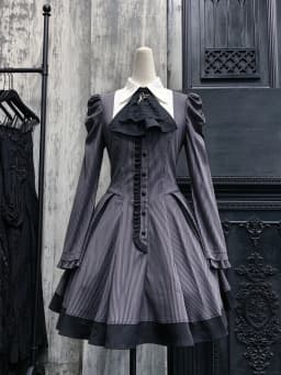 Gothic Style Dress Dark Striped Peter Pan Collar Lace Bow Puff Sleeve Harajuku Japanese Subculture Dark Party Outfit 2026 New