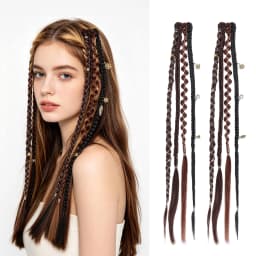 Clip in Braid Hair Extensions for Women, 20" Boho Dreadlock Clip in Braids with Beads & Charms, 2PCS Synthetic Braided Hairpiece