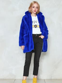 Elegant Directional Faux Rex Rabbit Fur Coat for Women - Mid-Length Solid Color Coat ,Fall Winter Casual Commuter Outerwear