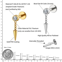 Right Grand ASTM F136 Titanium Bezel CZ Dangle Cone Labret Cartilage Earring Conch Helix Stud Tragus Spike Chain Drop Earring