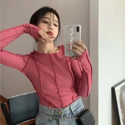 Long Sleeve T-shirts Women Spring Solid O-Neck Elegant Bright Line Decoration Slim Casual Soft High Quality Ladies Clothing Tees