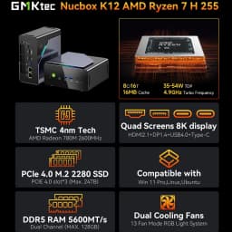 GMKtec K12 Gaming Mini PC AMD Ryzen 7 H 255(Upgraded 8745HS) Desktop Mini Computers Radeon 780M WiFi 6E/BT5.2, USB-C,  Barebone