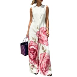 UOOZEE Women's Elegant Chic Big Rose Printed Sleeveless Jumpsuits 2026 New Loose Pockets High Waisted Wide Leg Casual Romper