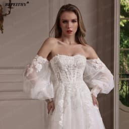 BEPEITHY Customized Strapless A Line Off Shoulder Long Sleeves Bride Ivory Wedding Dresses Glitter Court Train Bridal Gown 2025