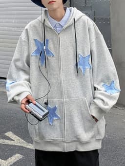 Men's Star Patch Zip Up Hoodie for Men Oversized Y2k Sweatshirt Jacket E-Girl 90s Pullover Streetwear