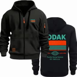 Kodak Retro Pattern Printed Men's Zipper Multi Pocket Hoodie Casual Long Sleeve Zipper Sportswear Retro Hoodie with Pocket