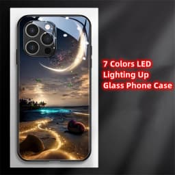 2026 Pretty Galaxy Beach Smart LED Light Glow Tempered Glass Phone Case For iPhone Air 18 17 16 E 15 14 13 12 11 Pro Max