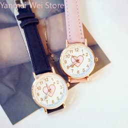 Cute Heart Pattern Dial Girls Quartz Wrist Watch Simple Leather Band Fashion Watch For Student Daily Gift