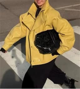 Guobioziy Women's Jacket 2026 Fall New Arrival Yellow Long-Sleeve Stand Collar Loose Faux Leather Jacket Parka Biker Style