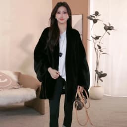 Lautaro Winter Luxury Elegant Thick Warm Soft Brown Bat Sleeved Faux Mink Fur Coat Women with V Neck Stylish Chic Fluffy Jacket