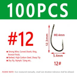 100/200PCS #12 ~ #22 Fly Fishing Dry Fly Hook Standard Wire Bronzed Nymph Curved Hook Small Fly Lures Tying Material
