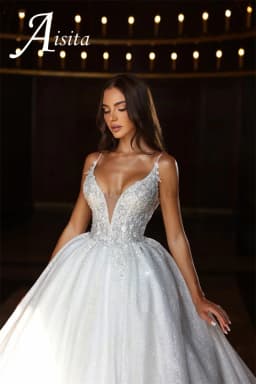 A-Line Glitter Shiny Wedding Dress Sequins Spaghetti Strap Bride Dresses Backless V-Neck Wedding Gown For Women Customized