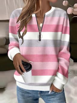 Casual Zipper Hoodie with Regular Fit Mid Length Japanese Korean Casual Digital Print Long Sleeve Striped Spring Women Hoodie