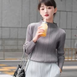 Miyake Pleated Half-high Neck Long-sleeved Women's T-shirt Slim Inner Head Set Classic Solid Bottoming Shirt Top 2025 Autumn New