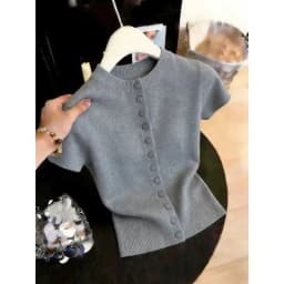 New 2026 Summer Stand-up Collar Short-sleeved Women's Knitted Cardigan Top Casual Single-breasted Solid Color Ladies T-shirt