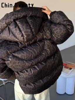 Women's Leopard Print Hooded Cotton Padded Jackets Stand Collar Zipper Short Puffy Coats 2026 Winter Lady Street Warm Outerwear