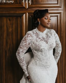 Lace Mermaid Wedding Dresses for Bride Long Sleeves Sweep Train Big Bow Beads Africa Garden Bridal Reception Gowns Customized