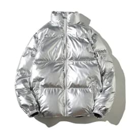 YASUGUOJI Winter Stand Collar Loose Bright Fabric Jacket Men Fashion Reflect Thick Warm Sliver Coat Men Plus Size Mens Clothing