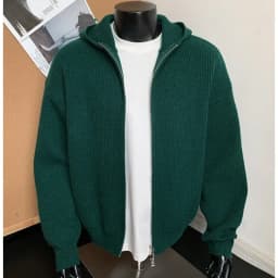 2026 New Autumn Winter Simple Solid Color Knitted Hoodie Men Japan Korean Fashion Casual Loose Double Zipper Hooded Jacket