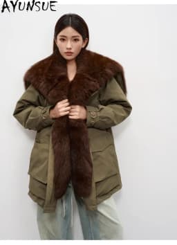 AYUNSUE 90% White Goose Down Coat Womens Winter Clothes Oversized Fox Fur Collar Mid Length Parka Female Loose Fit Clothing 2026