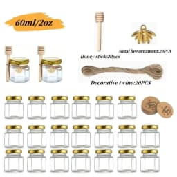 12/20/30/50/60Pcs-Mini Honey Jars with Dipper, Hexagonal Glass Honey Jars, Glass Sugar Jars with Lids, Kitchen Glass Sealed Jars, Available in Various Sizes Such as 1.5/2/3oz, Come with Bee Pendants, Twine, and Card Tags, Perfect for Baby Shower Gifts, Wedding Gifts, Party Favors