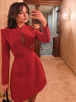 Chic Chest Hollow A-line Red Short Dresses Retro Long Sleeved Waist Padded Shoulder Suit Dress New Commuting Gown Woman Clothing