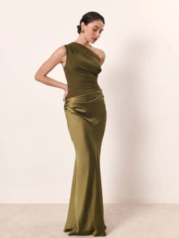 Elegant One-Shoulder Patchwork Satin Maxi Dress Women Sleeveless Ruched Slim Long Dresses 2026 Wedding Guest Evening Party Robes