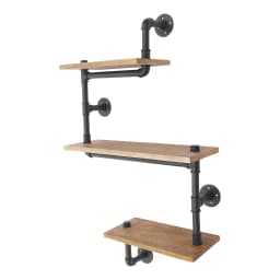 3-Shelves Vintage Industrial Pipe Wall Shelf Bracket Wooden Bookshelf Kitchen Shelf Brown Wall Mounted Pipe Design Bookcases