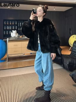 Lautaro Autumn Winter Brown Thick Warm Soft Faux Mink Fur Coat Women Lantern Sleeves Elegant Luxury Chic Fluffy Jacket 2026
