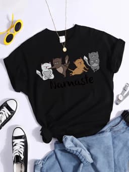 Happy Kitten Dancing Happily Printing T-shirts For Women Vintage Tshirts Oversize o-neck Top Fashion Soft Woman's Tshirts