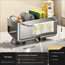 No Drill Suction Cup Kitchen Sink Caddy with Towel Bar Kitchen Sink Sponge Holder Dishcloth Drying Rack Sink Drain Basket
