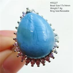 Natural Blue Larimar Adjustable Ring 925 Sterling Silver Larimar Gemstone Women Men Water Pattern AAAAA