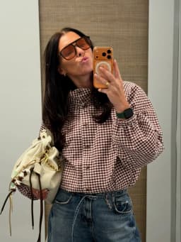 Women's Plaid Jacket, Vintage Gingham Check Coat, Stand Collar Long Sleeve Button Up Outerwear, Loose Casual Autumn Windbreaker
