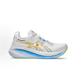 All White Mesh Athletic Running Sneakers Blue Gradient Streamline Shock Absorbing Midsole Green Traction Edge Colorful Side Stripe Breathable Knit Upper Lace Up Unisex Sport Footwear