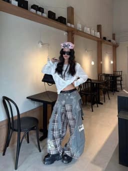 American Street Plaid Patchwork Gray Jeans for Women 2026 Loose Straight Wide Leg Pants Y2k High Waist Women's Clothing