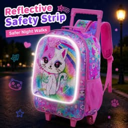 4PCS Kids Rolling Backpack for Girls, Cute Cat Sequin Wheeled Bookbag, Pink Roller School Bag with Wheels for Elementary