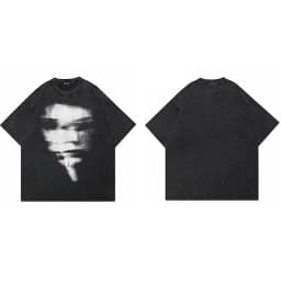 Hip Hop 2024 Summer Washed Black T-Shirt Streetwear Graphic Blurry Face T Shirt Cotton Unisex Men's Tshirt Tops Y2k Tees Hipster