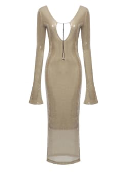 BEVENCCEL Sexy Luxury Sequins Deep V Long Sleeve Backless Sequins Long Dress Elegant Bodycon Maxi Evening Party Clubwear Dress