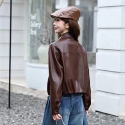 Black Short Faux PU Leather Jacket Big Pocket Lapel Single-Breasted Long Sleeve Autumn New Women Imitation Leather Biker Jacket