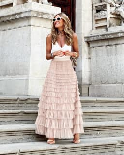 Customizable Summer Elegant High-waisted Cake Skirt Solid Color Loose-fit Long Dress For Commuting Pink Cake Patchwork Skirt