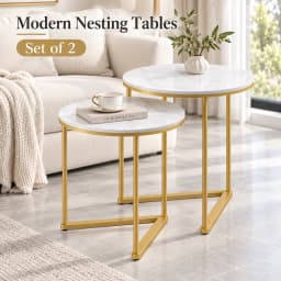 Set of 2 Round Nesting Side Tables 45cm Sintered Stone Tops Gold Metal Frame for Living Room Sofa Side