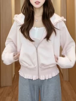 Cute Pink Folded Hem Hoodie Jacket Women's Short Style Sweatshirt Spring Autumn New Design Versatile Korean Version Commute Wind
