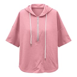 Women Waffle Knit Hoodie Half Zip Drawstring 3/4 Batwing Sleeve With Side Pockets Loose Oversized Pullover Solid Autumn Hoodies