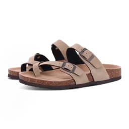 Comwarm Men's Cork Footbed Slides Sandals Arch Support Summer Outdoor Sandals with Adjustable Buckle Leisure Men Leather Slides