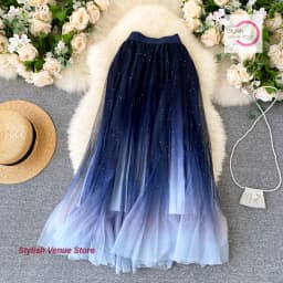French starry sky gradient gauze skirt female spring and summer new fashion high waist A pleated skirt sequined chiffon skirt