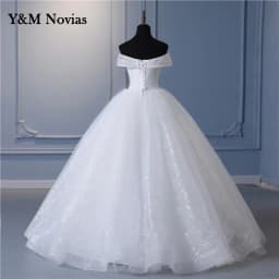 Y&m Novias Glitter vory Wedding Dresses Lace Beaded Ball Gown Cheap Off The Shoulder Short Sleeve Bridal Customized Plus Size