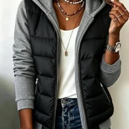 Women's Color Block Hooded Puffer Jacket -Quilted Zip Up Coat with Contrast Sweatshirt Sleeves, Casual Lightweight Winter Outer