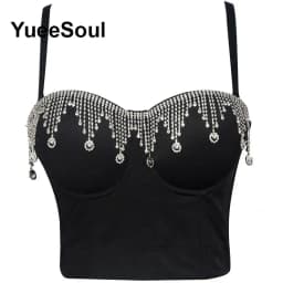 Black Y2K Tops White Rhinestone Sequins Tassel Slim Crop Top New Gothic Party Club Wedding High Street Sexy Corset Top Camis