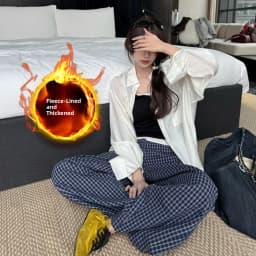 Afashion Lamb Velvet Fleece Lined Thick Plaid Casual Pants Women's Autumn Winter Loose Straight Leg Wide Leg Cotton Sleepwear Tr
